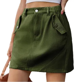 LAFOURAM Womens Denim Skirt Summer with Pockets A Line High Waisted Casual Cargo Mini Jean Skirts