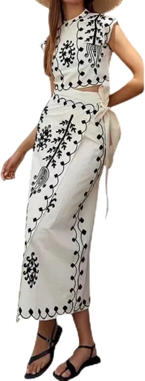 LAPRBY Linen Set Embroidery Two Piece Sets for Women Summer Boho Maxi Skirt Set 2 Piece Sets for Women Going Out (White,XL)
