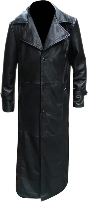 Leather Trench Coat Men Genuine Lambskin Leather Full Length Style Long Black Coat