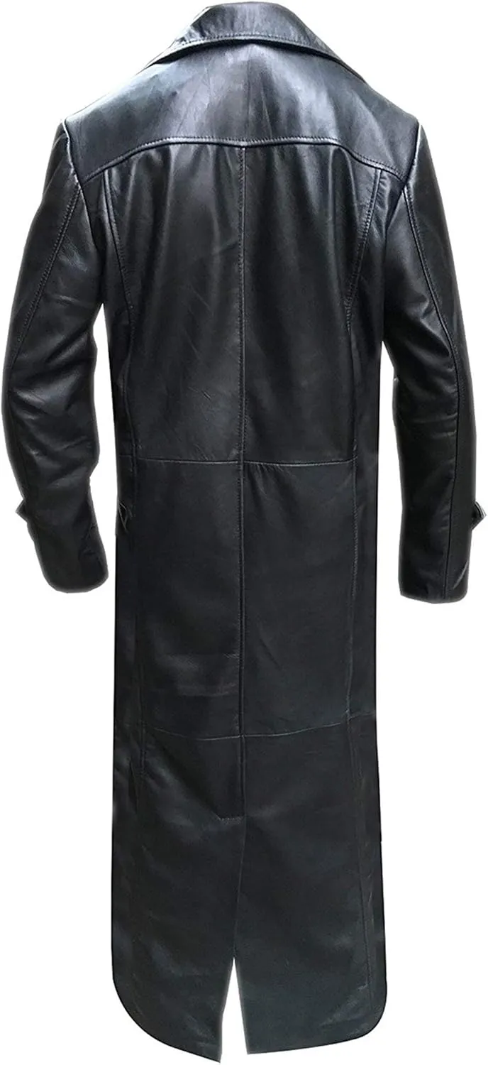 Leather Trench Coat Men Genuine Lambskin Leather Full Length Style Long Black Coat