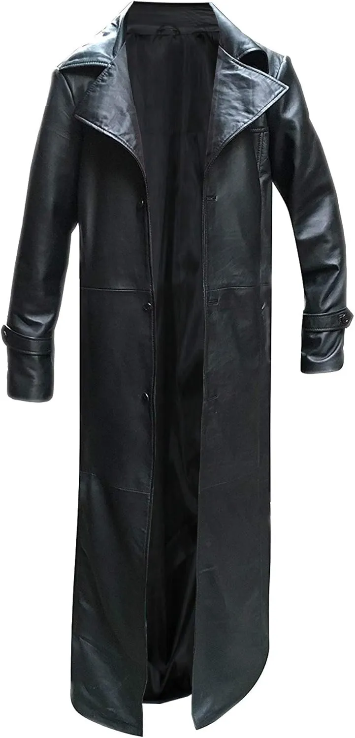 Leather Trench Coat Men Genuine Lambskin Leather Full Length Style Long Black Coat