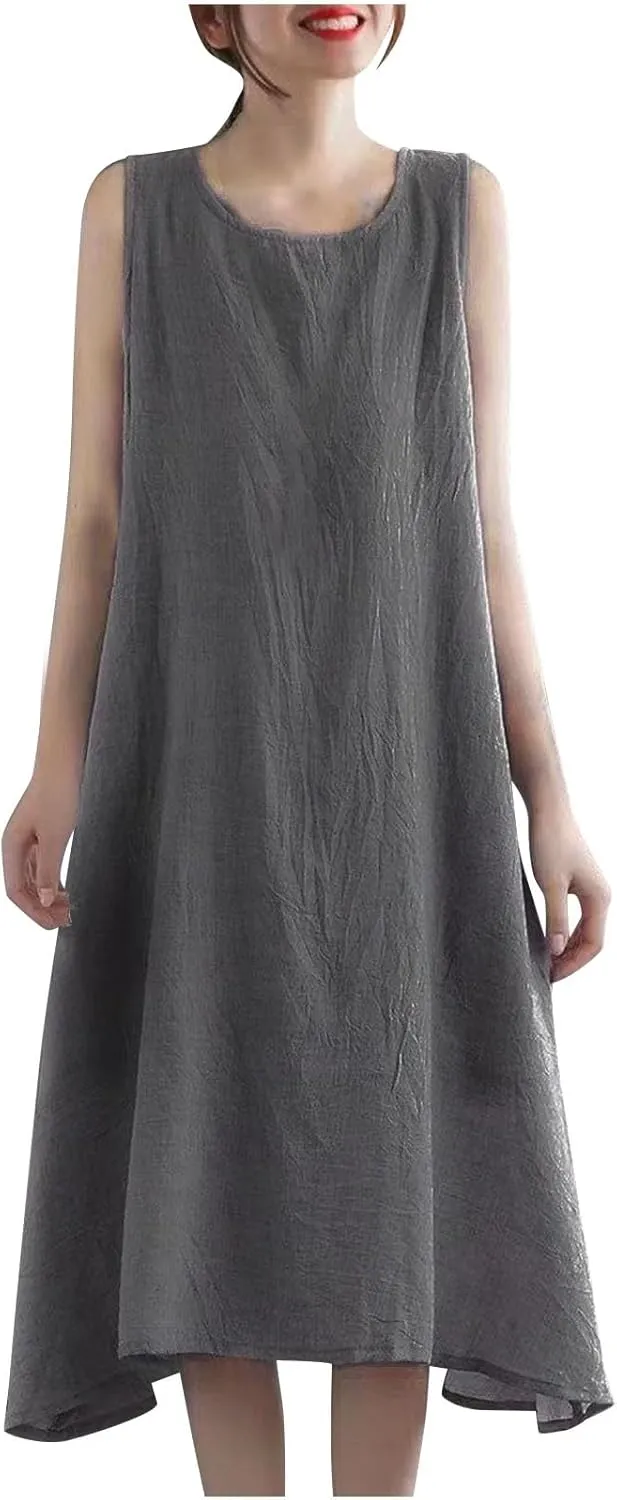 LEMONONSTORE Plus Size Women Sleeveless Tunic Dresses Summer Cotton Linen Swing A-Line High Low Retro Midi Dress Relaxed Fit