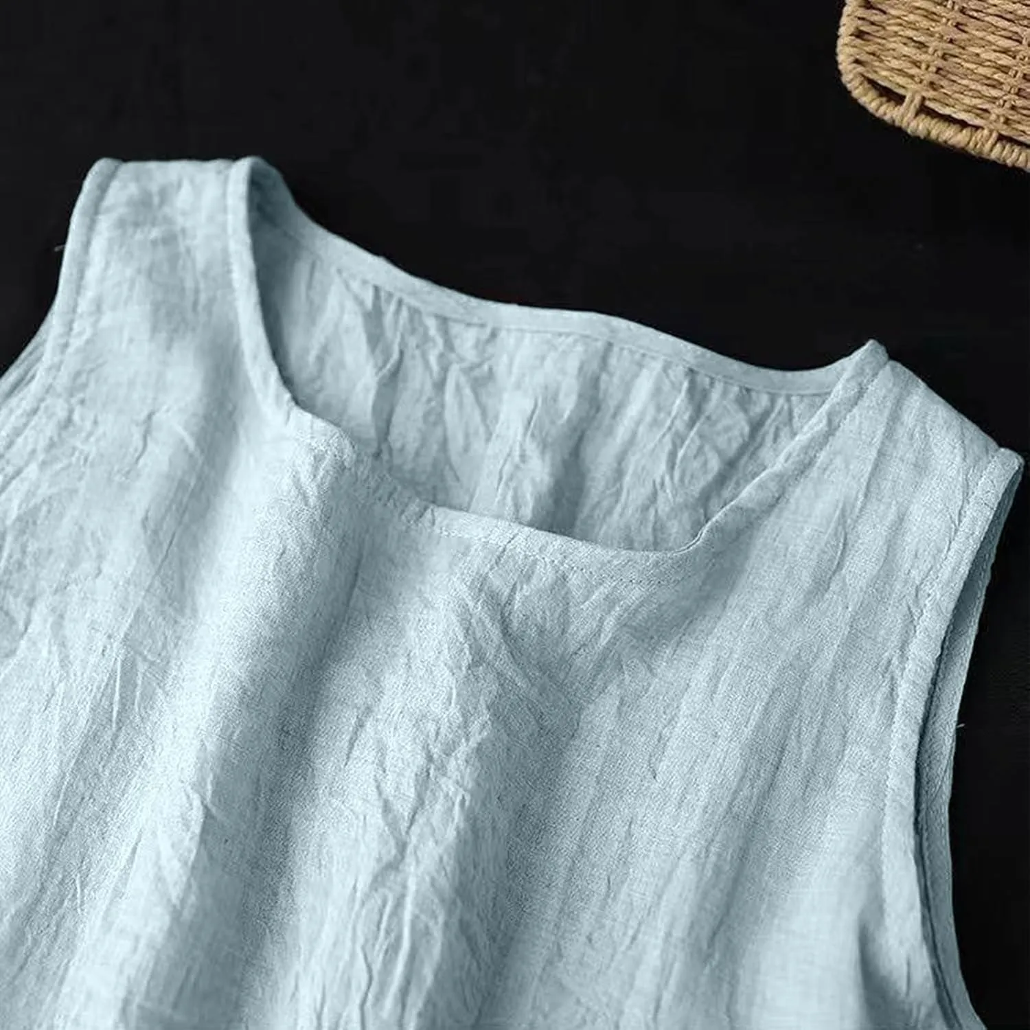 LEMONONSTORE Plus Size Women Sleeveless Tunic Dresses Summer Cotton Linen Swing A-Line High Low Retro Midi Dress Relaxed Fit