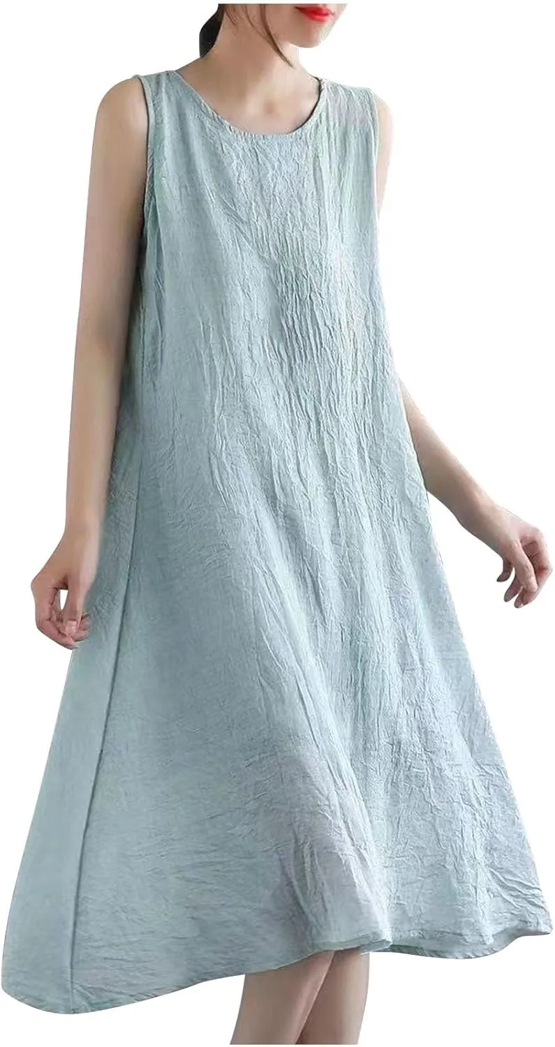 LEMONONSTORE Plus Size Women Sleeveless Tunic Dresses Summer Cotton Linen Swing A-Line High Low Retro Midi Dress Relaxed Fit