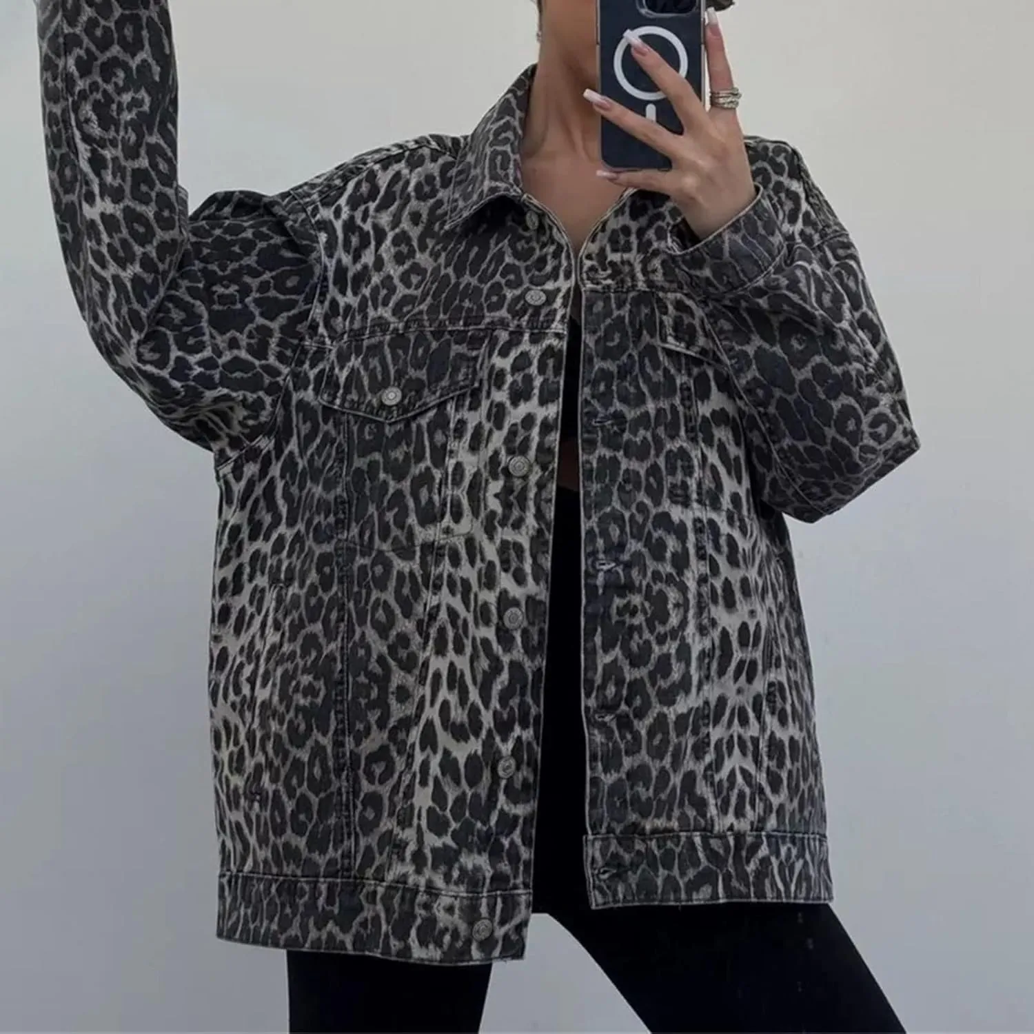 Leopard Jacket - Y2K Cheetah Print, Vintage Button Down, Casual Streetwear Denim Jacket for Women