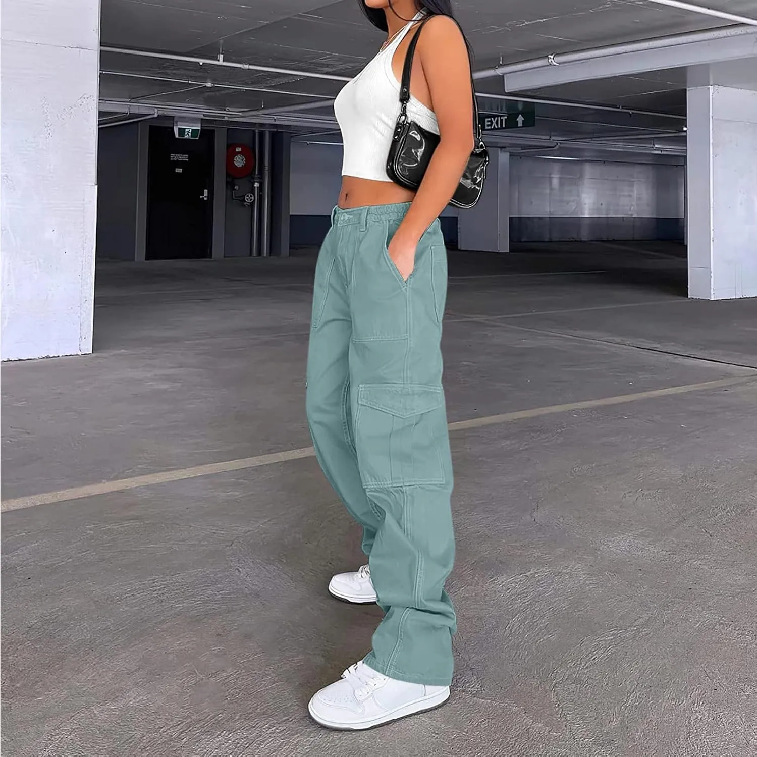 Lepunuo Cargo Pants for Women High Waisted Casual Pants Baggy Stretchy Wide Leg Y2K Streetwear with 6 Pockets