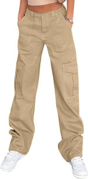 Lepunuo Cargo Pants for Women High Waisted Casual Pants Baggy Stretchy Wide Leg Y2K Streetwear with 6 Pockets