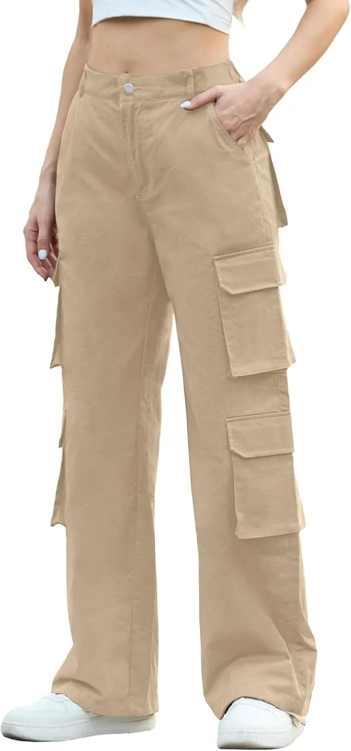 Lepunuo Womens Cargo Pants High Waisted Casual Pants Baggy Stretchy Wide Leg Y2k Streetwear with 8 Pockets