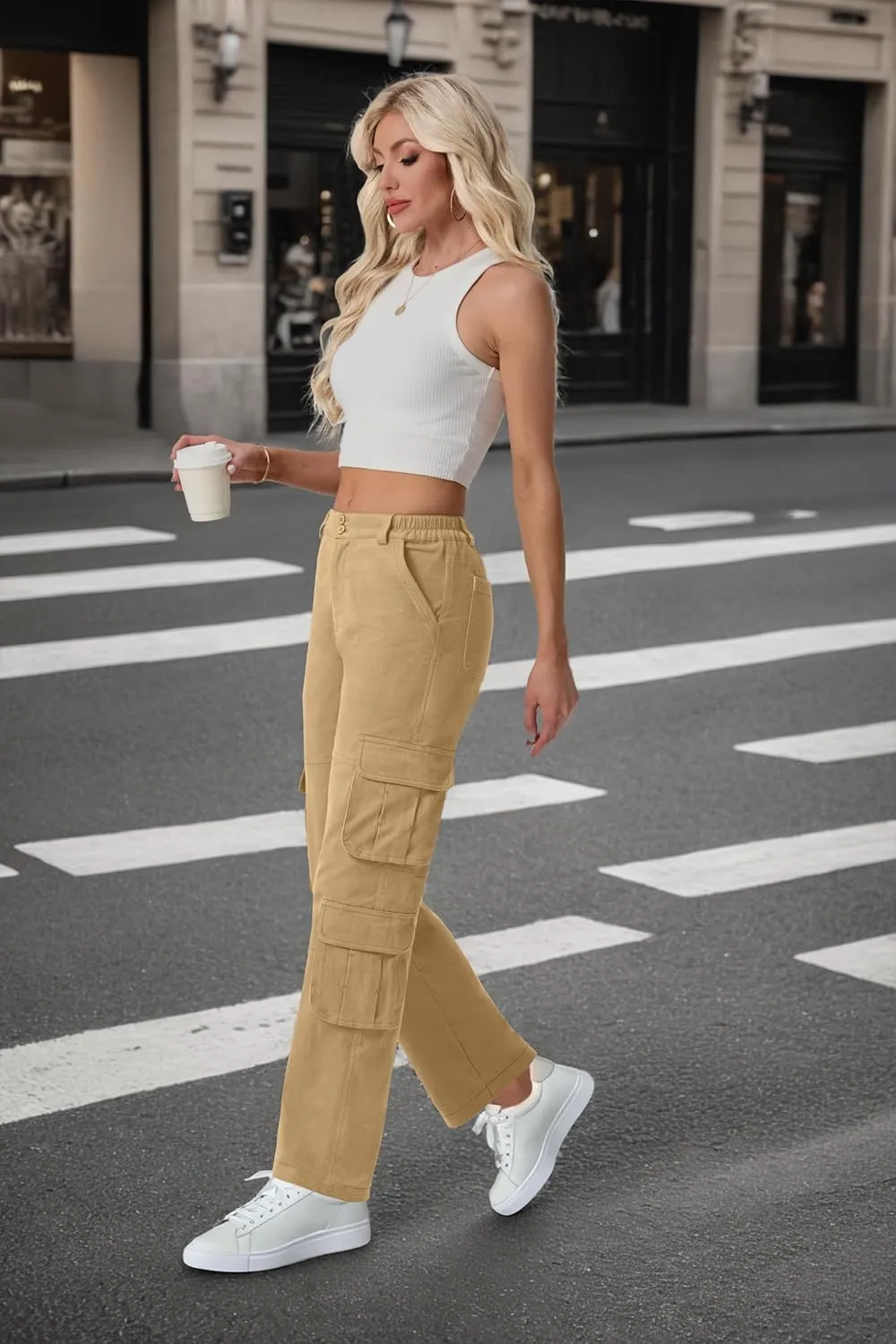 Lepunuo Womens High Waisted Cargo Pants Baggy Stretchy Cotton Wide Leg Casual Y2K Trousers with 7 Pockets