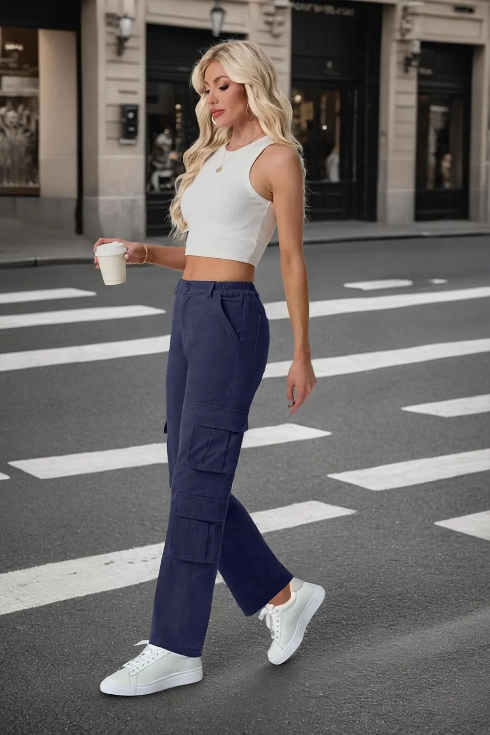 Lepunuo Womens High Waisted Cargo Pants Baggy Stretchy Cotton Wide Leg Casual Y2K Trousers with 7 Pockets