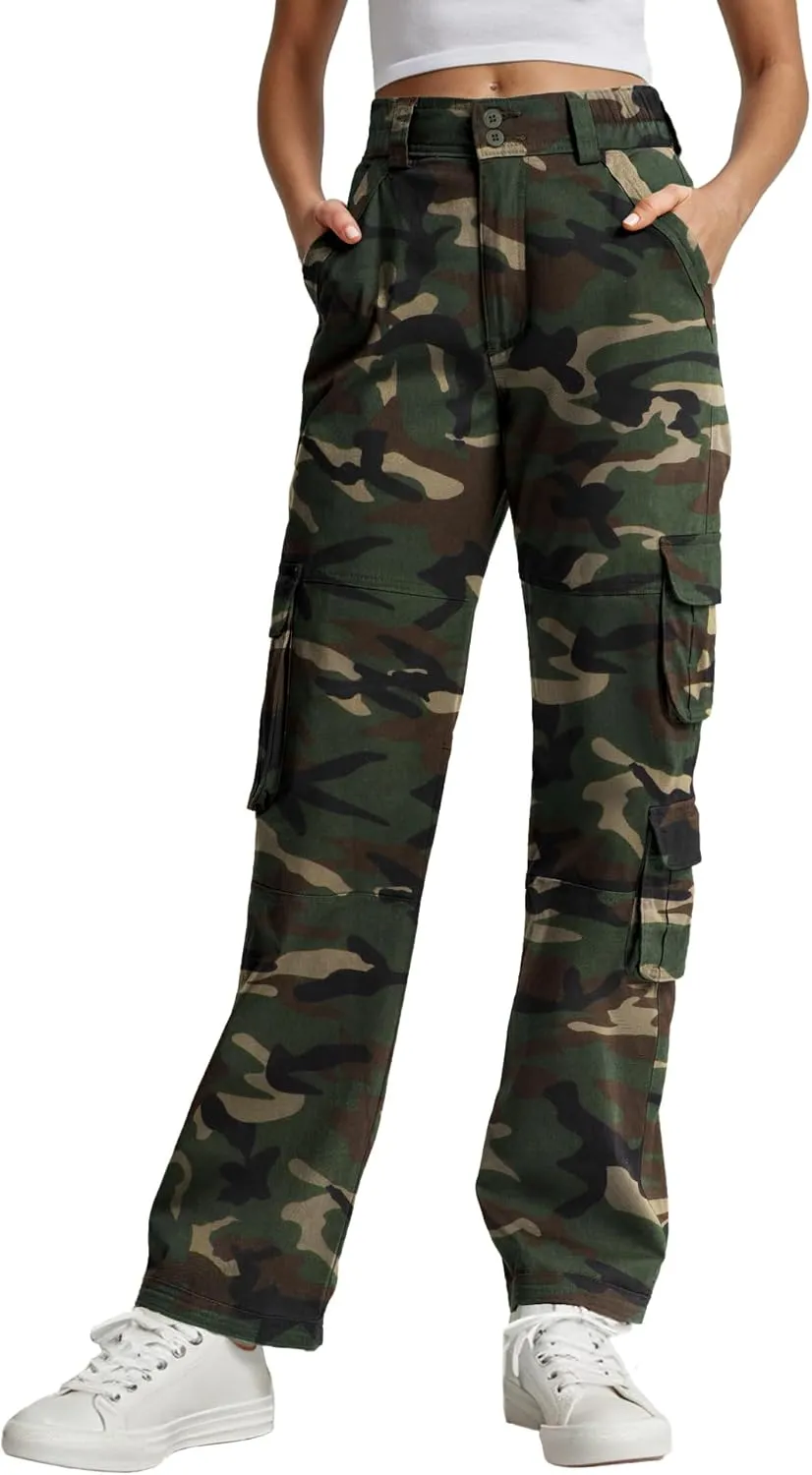 Lepunuo Womens High Waisted Cargo Pants Baggy Stretchy Cotton Wide Leg Casual Y2K Trousers with 7 Pockets