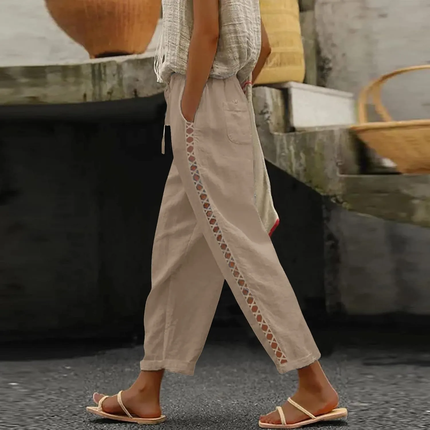 Linen Pants for Women, Casual Pants Peasant Straight Leg Linen Trendy Elastic