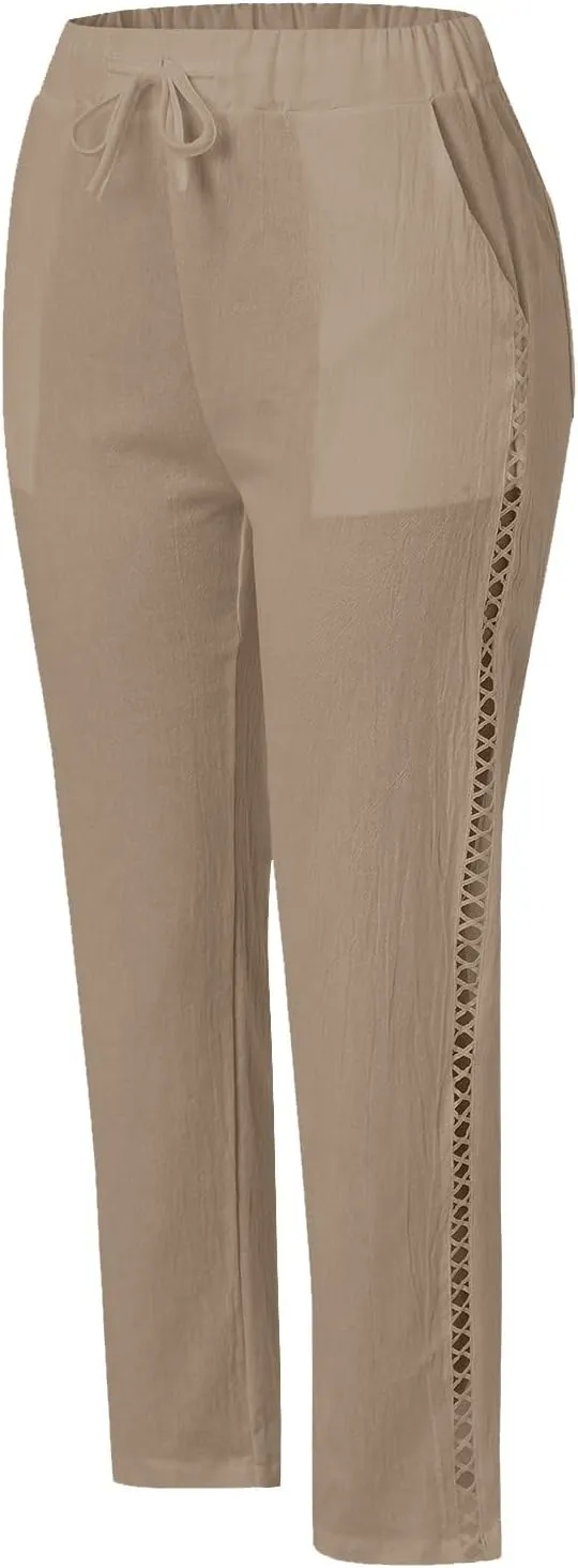 Linen Pants for Women, Casual Pants Peasant Straight Leg Linen Trendy Elastic