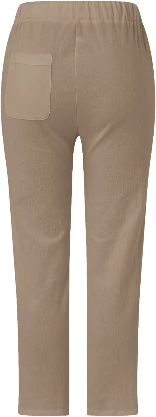 Linen Pants for Women, Casual Pants Peasant Straight Leg Linen Trendy Elastic