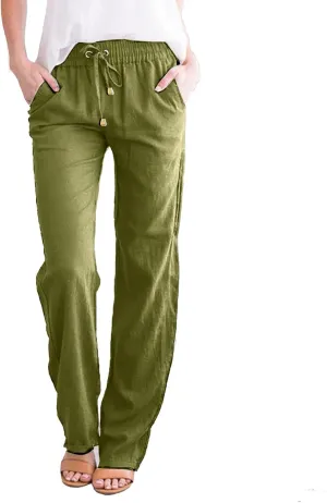 Linen Pants Women 2025 Summer Drawstring Trousers Pockets Casual Loose Wide Leg Lounge Pant for Beach Travel Vacation