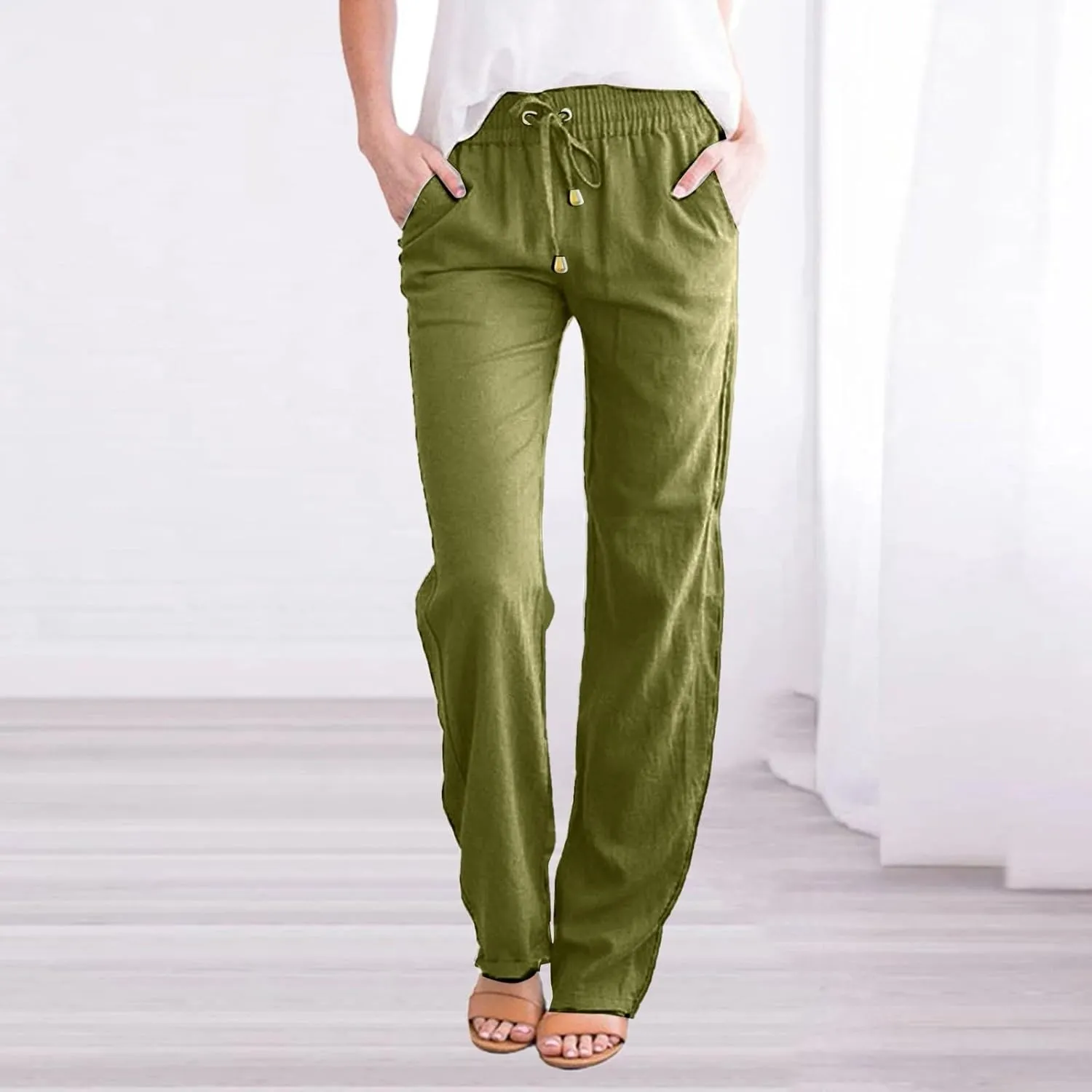 Linen Pants Women 2025 Summer Drawstring Trousers Pockets Casual Loose Wide Leg Lounge Pant for Beach Travel Vacation