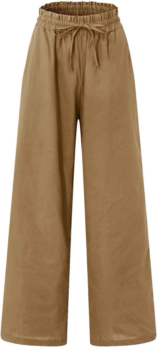 Linen Pants Women Casual High Waist Drawstring Straight Wide Leg Pants Boho Cropped Baggy Palazzo Pant 2025