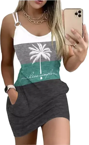 Live Simple Coconut Tree Summer Dress Women 2025 Vacation Tunic Mini Sundress Sleeveless Casual Beach Tank Dresses