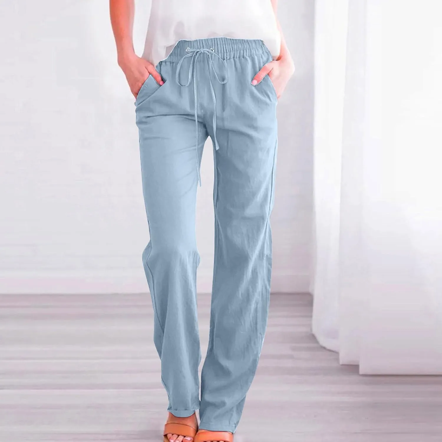 Lmdudan 2025 Cotton Linen Pants Women Straight Leg Drawstring Elastic Hight Waist Trousers with Pockets Loose Palazzo Pants