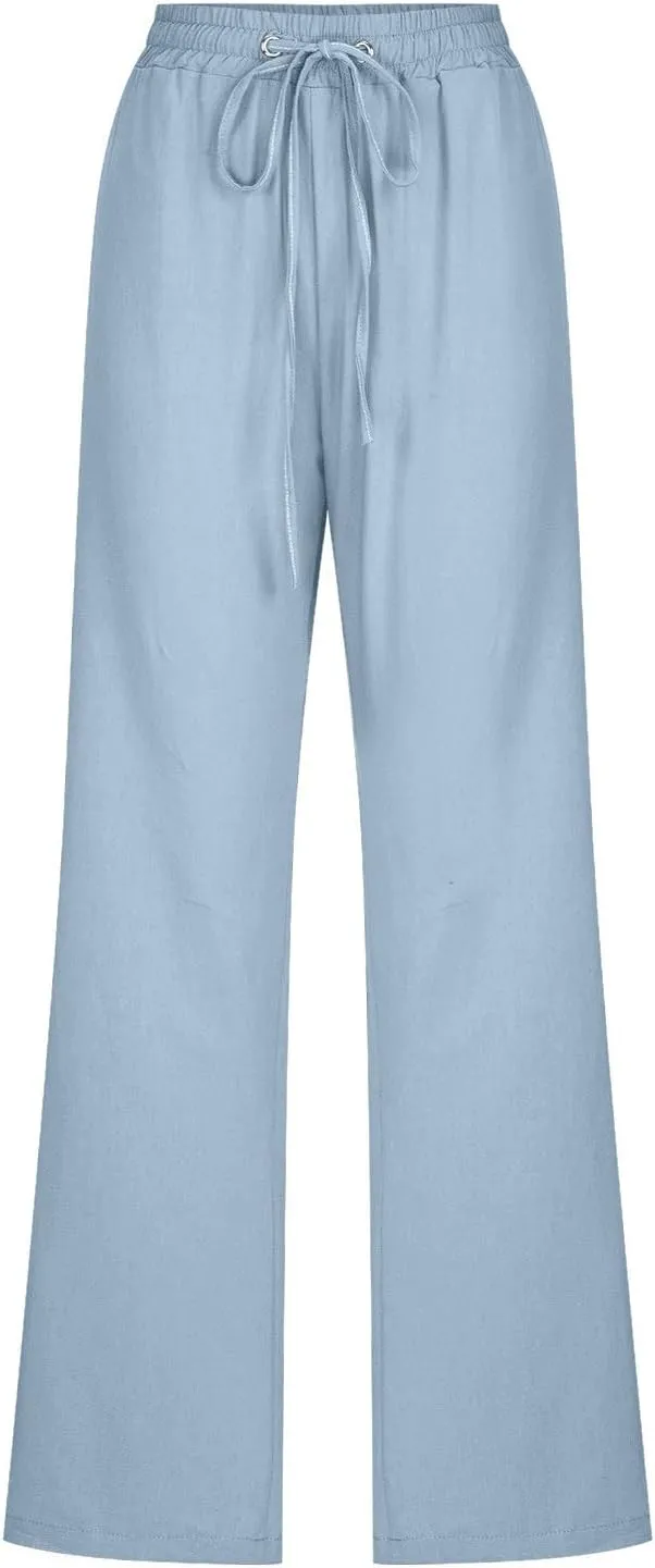 Lmdudan 2025 Cotton Linen Pants Women Straight Leg Drawstring Elastic Hight Waist Trousers with Pockets Loose Palazzo Pants