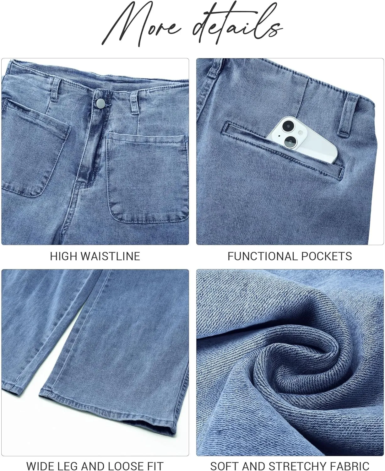 LookbookStore Womens Jeans High Waisted Trendy Cropped Wide Leg Baggy Stretchy Denim Jean Pants Pocket Trousers Jeans