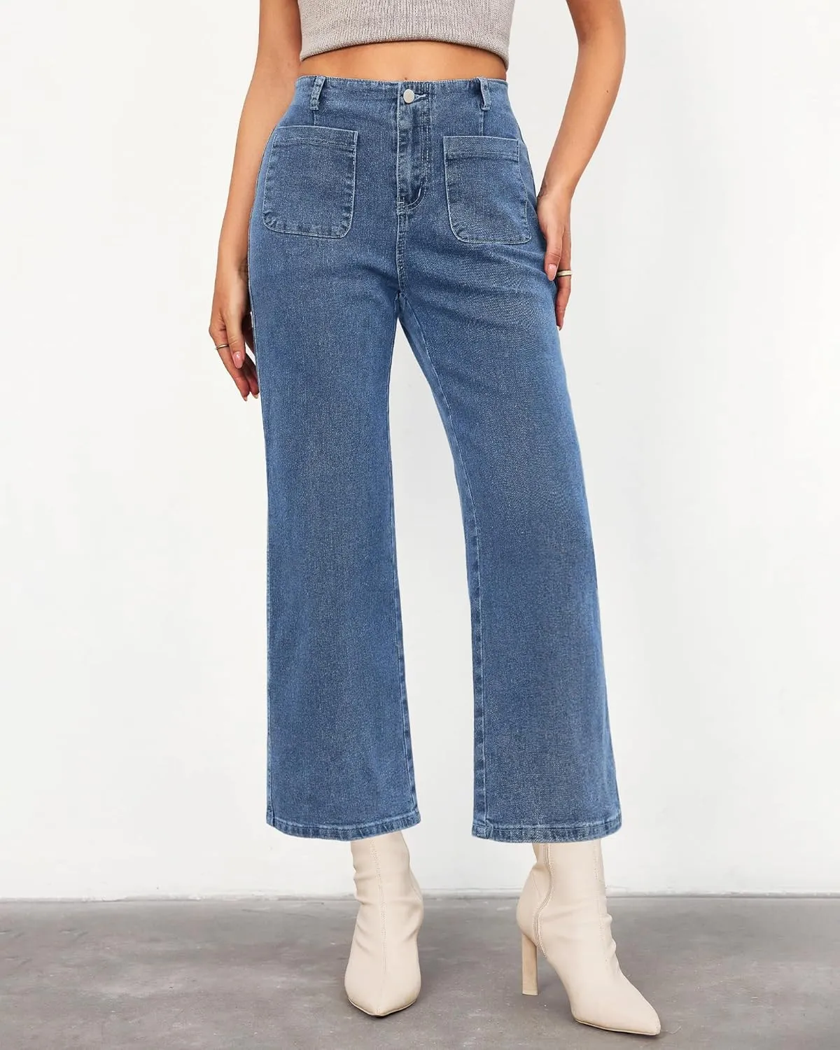 LookbookStore Womens Jeans High Waisted Trendy Cropped Wide Leg Baggy Stretchy Denim Jean Pants Pocket Trousers Jeans