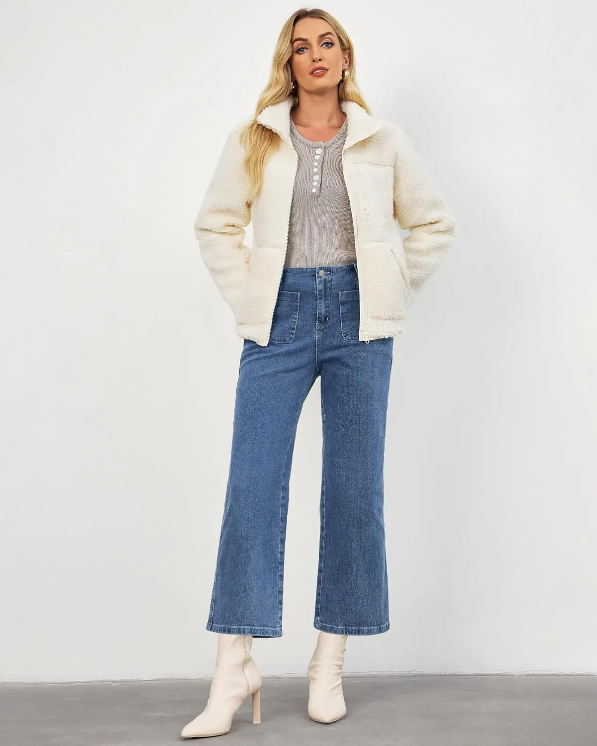 LookbookStore Womens Jeans High Waisted Trendy Cropped Wide Leg Baggy Stretchy Denim Jean Pants Pocket Trousers Jeans