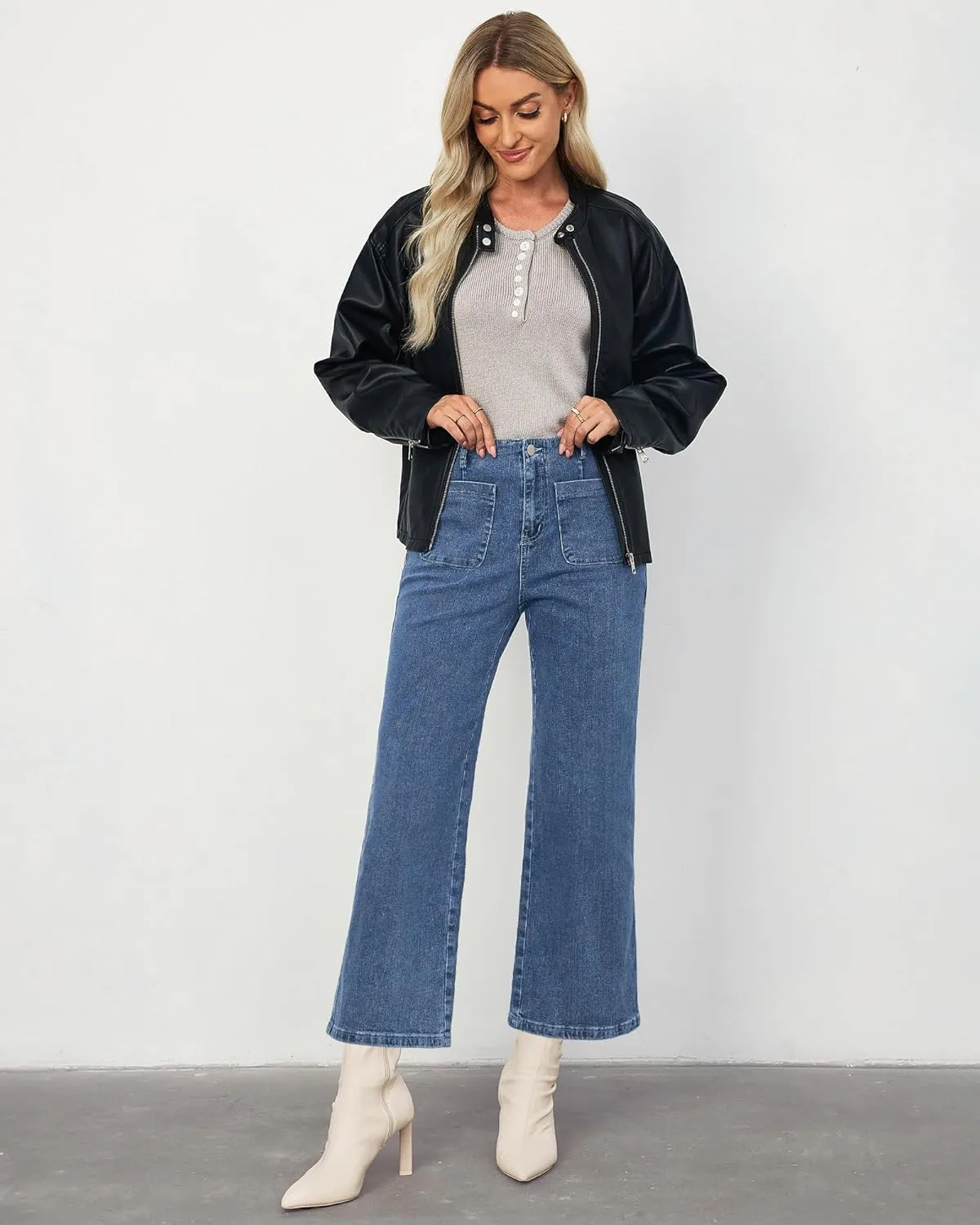 LookbookStore Womens Jeans High Waisted Trendy Cropped Wide Leg Baggy Stretchy Denim Jean Pants Pocket Trousers Jeans