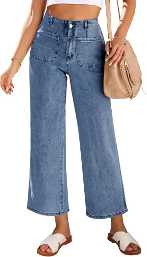 LookbookStore Womens Jeans High Waisted Trendy Cropped Wide Leg Baggy Stretchy Denim Jean Pants Pocket Trousers Jeans