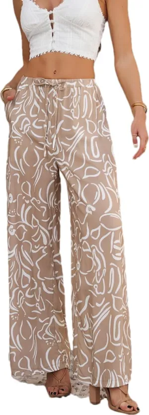 LOUSEA High Waist Boho Pants Tie Waist Color Block Holiday Pants Floral Print Casual Wide-Leg Trousers