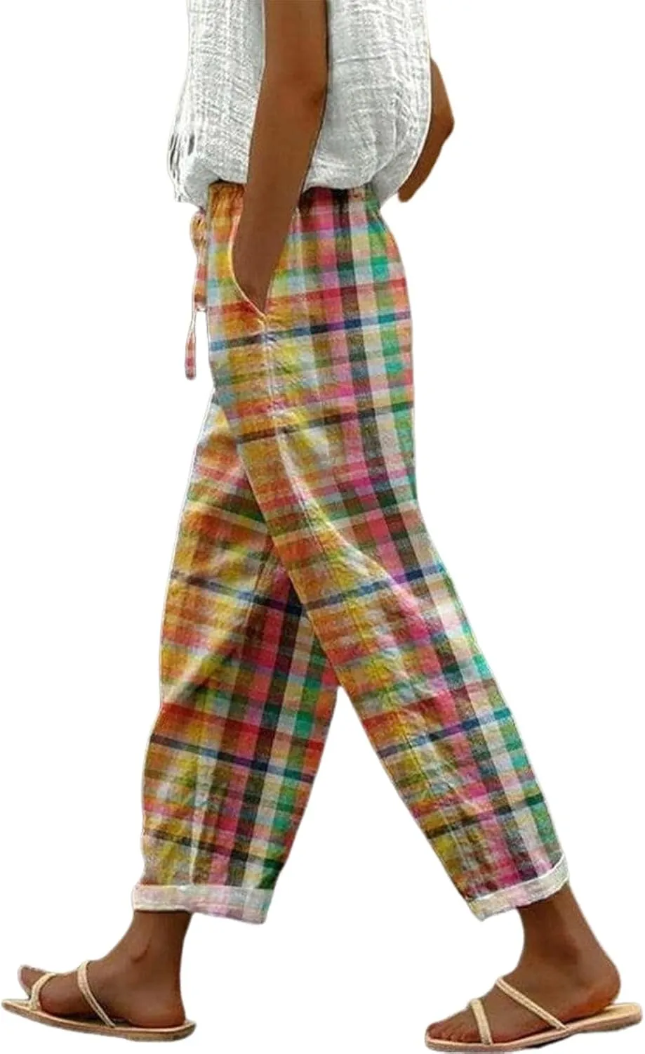 LOZ Women's Striped Gingham Harem Pants Beach Travel Bottoms Summer Casual Loose Plaid Drawstring Trousers with Pockets