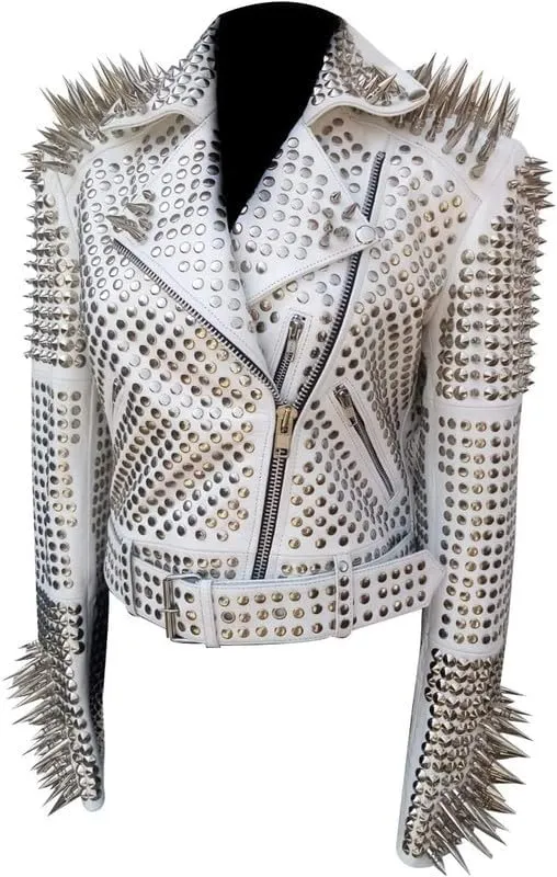 LP-FACON Womens Studded Rock Punk Spikes Motorcycle Metallic Brando Biker Leather Jacket