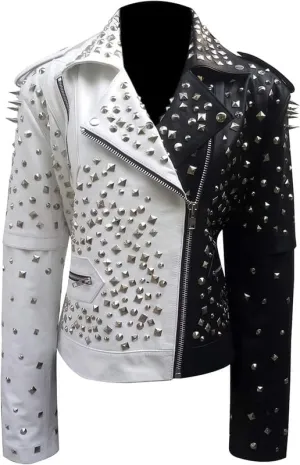 LP-FACON Womens Studded Rock Punk Spikes Motorcycle Metallic Brando Biker Leather Jacket