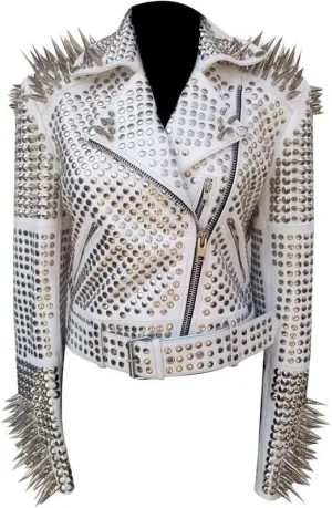 LP-FACON Womens Studded Rock Punk Spikes Motorcycle Metallic Brando Biker Leather Jacket