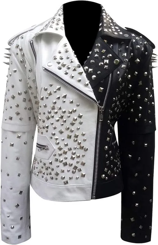 LP-FACON Womens Studded Rock Punk Spikes Motorcycle Metallic Brando Biker Leather Jacket