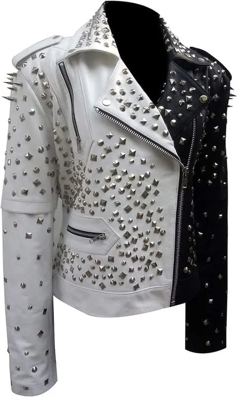 LP-FACON Womens Studded Rock Punk Spikes Motorcycle Metallic Brando Biker Leather Jacket