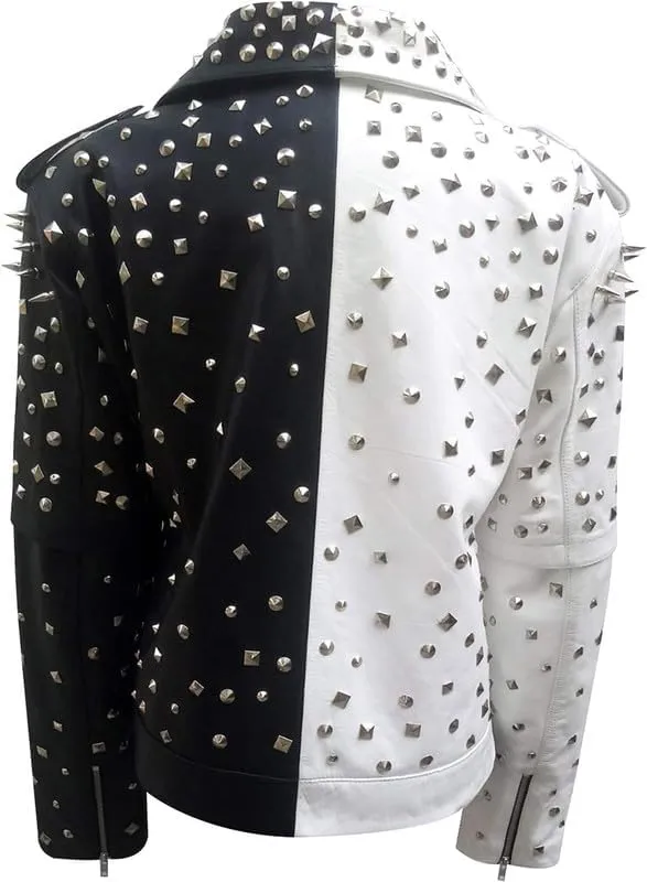 LP-FACON Womens Studded Rock Punk Spikes Motorcycle Metallic Brando Biker Leather Jacket