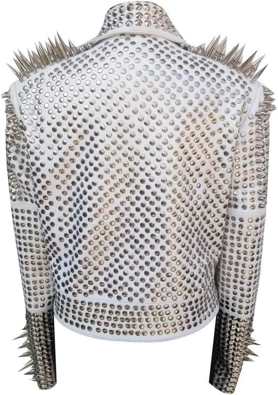 LP-FACON Womens Studded Rock Punk Spikes Motorcycle Metallic Brando Biker Leather Jacket