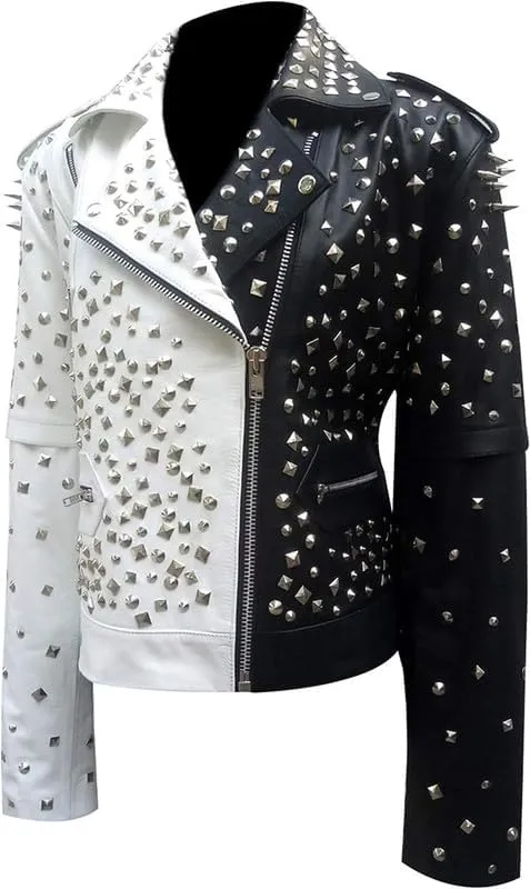 LP-FACON Womens Studded Rock Punk Spikes Motorcycle Metallic Brando Biker Leather Jacket