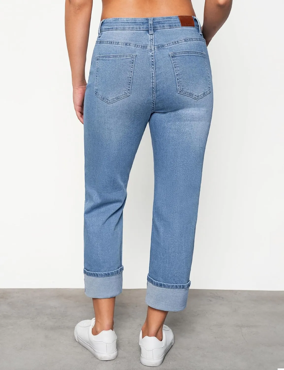 luvamia Straight Leg Jeans for Women Trendy Cropped High Waisted Cuffed Hem Stretchy Boyfriend Capri Jeans with Pockets