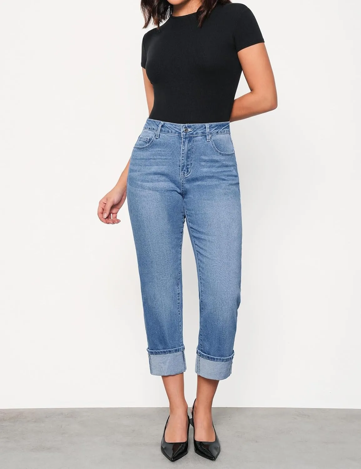 luvamia Straight Leg Jeans for Women Trendy Cropped High Waisted Cuffed Hem Stretchy Boyfriend Capri Jeans with Pockets