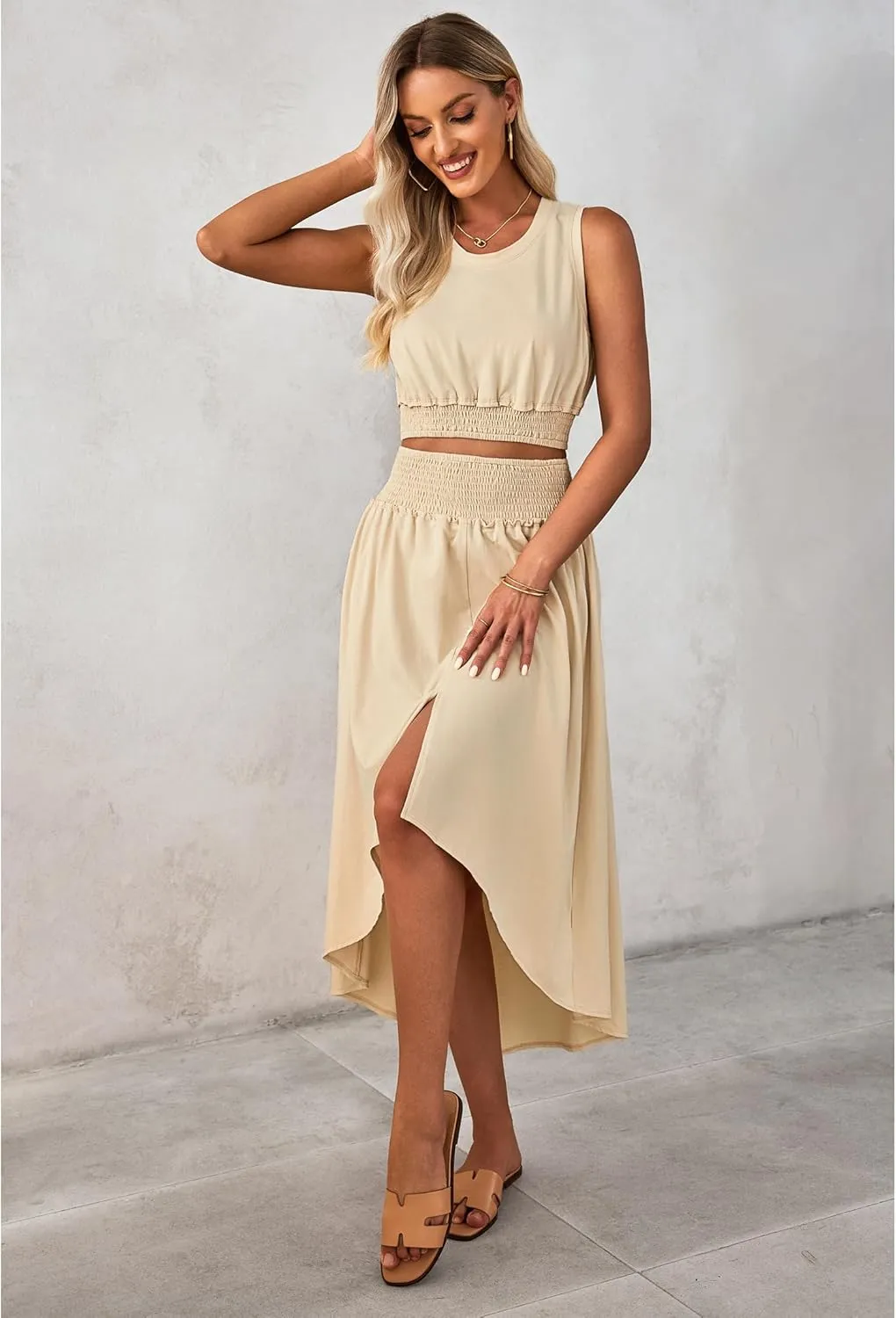luvamia Two Piece Skirt Sets for Women Smocked Crop Top High Waisted High Low Split Maxi Skirt Co Ord Matching Dress Set