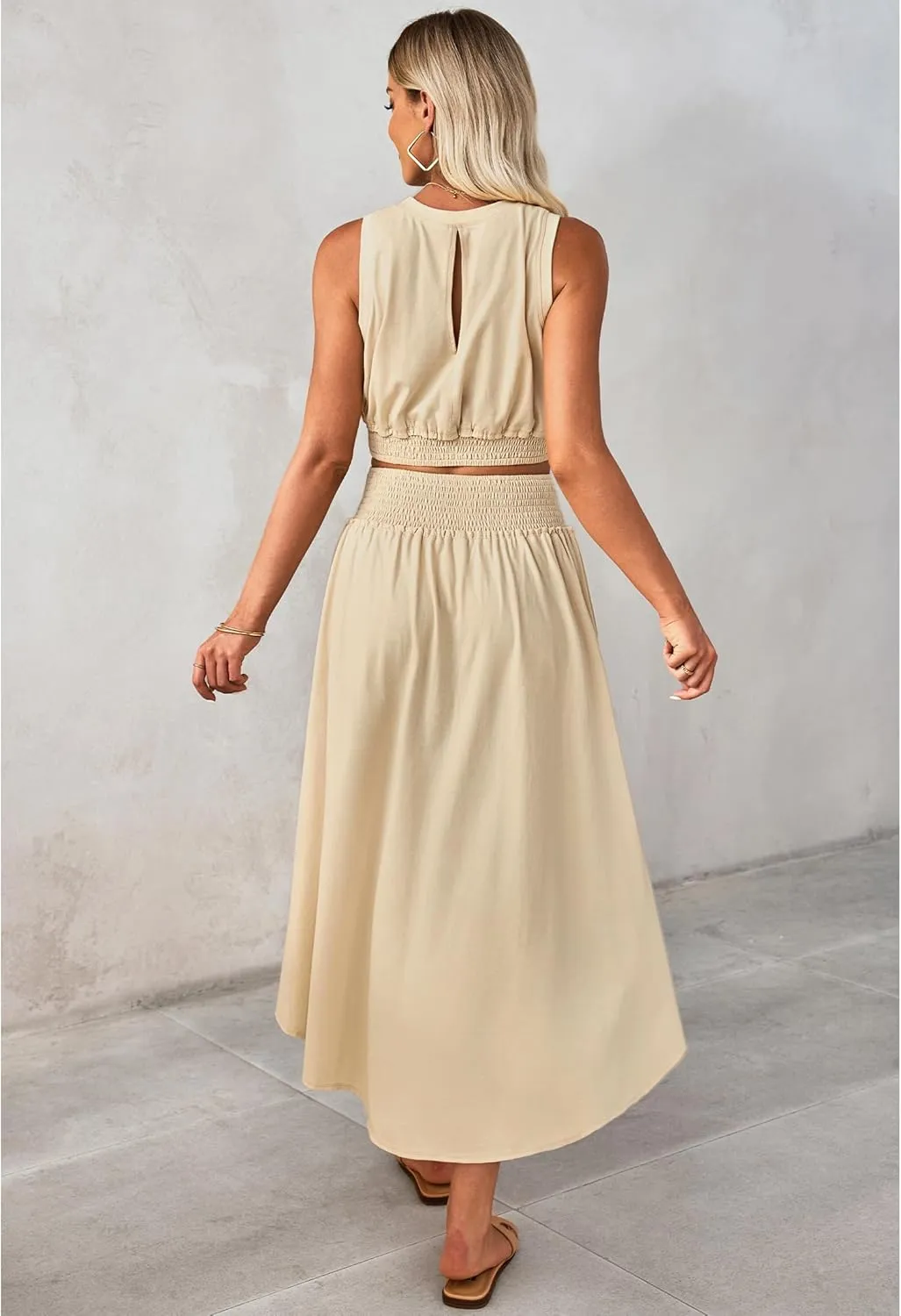 luvamia Two Piece Skirt Sets for Women Smocked Crop Top High Waisted High Low Split Maxi Skirt Co Ord Matching Dress Set