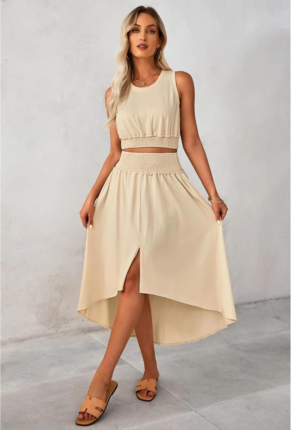 luvamia Two Piece Skirt Sets for Women Smocked Crop Top High Waisted High Low Split Maxi Skirt Co Ord Matching Dress Set
