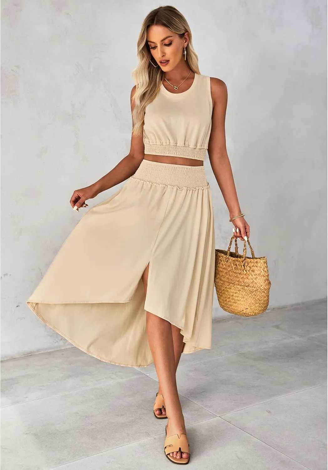 luvamia Two Piece Skirt Sets for Women Smocked Crop Top High Waisted High Low Split Maxi Skirt Co Ord Matching Dress Set