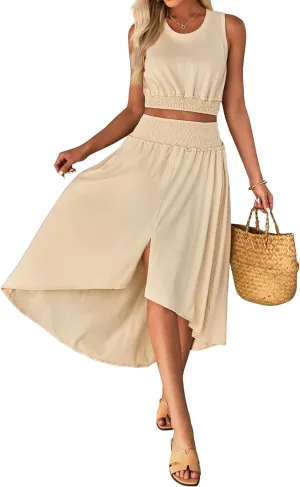 luvamia Two Piece Skirt Sets for Women Smocked Crop Top High Waisted High Low Split Maxi Skirt Co Ord Matching Dress Set