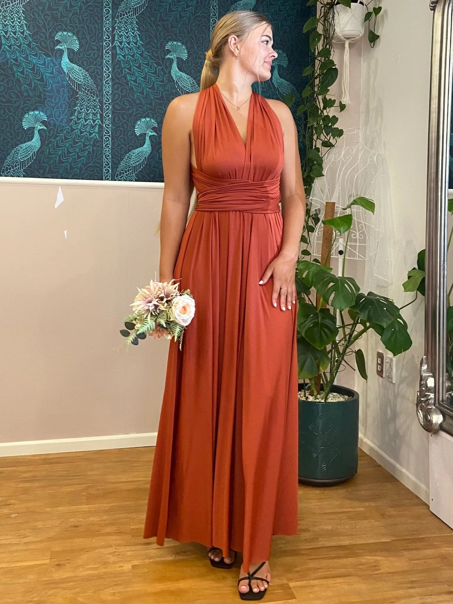 Luxe Burnt Orange Infinity bridesmaid dress with Split Express NZ wide