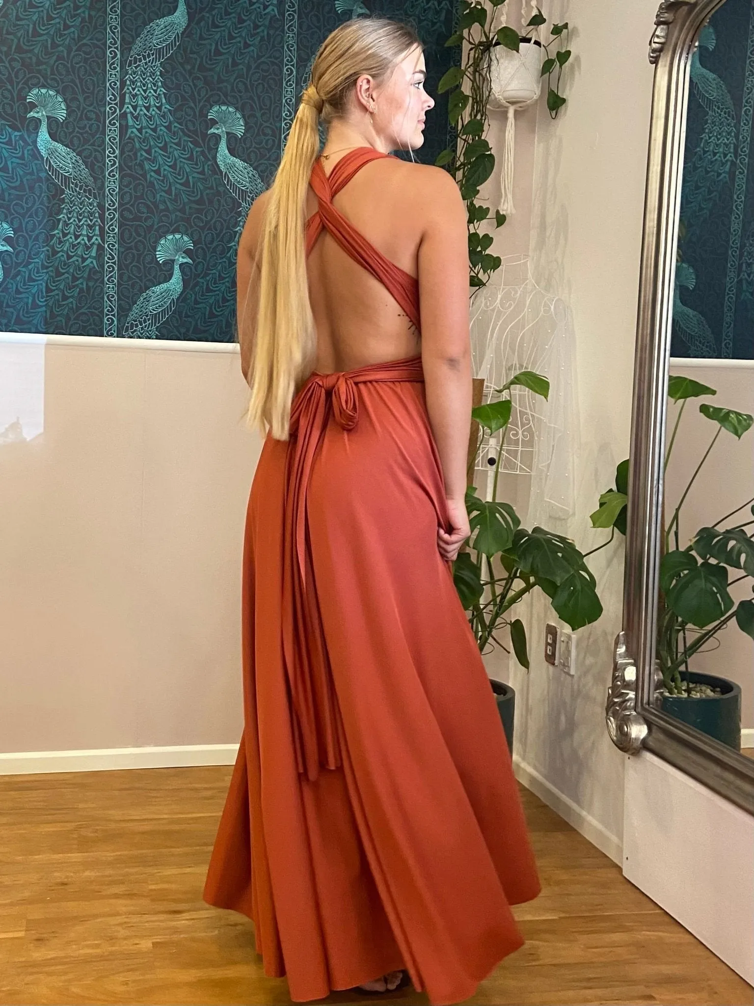 Luxe Burnt Orange Infinity bridesmaid dress with Split Express NZ wide