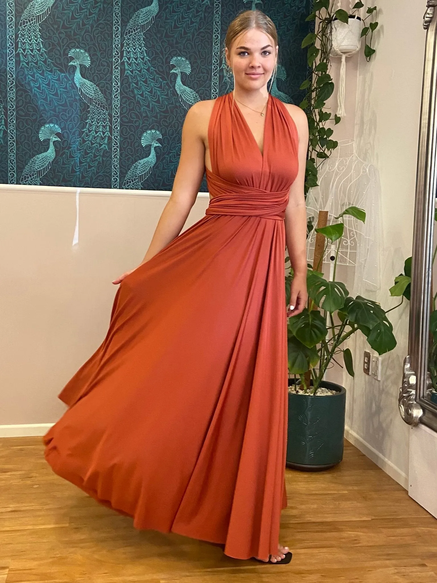 Luxe Burnt Orange Infinity bridesmaid dress with Split Express NZ wide
