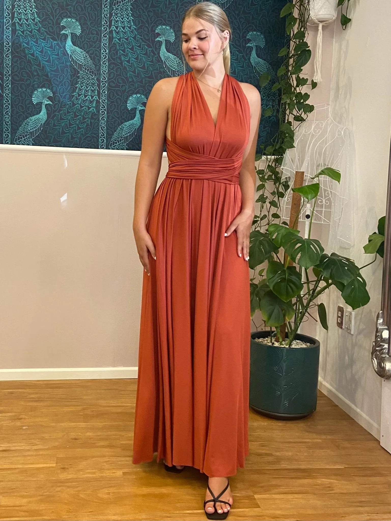 Luxe Burnt Orange Infinity bridesmaid dress with Split Express NZ wide